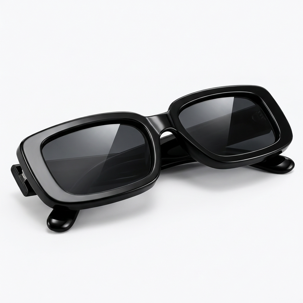 Close-up elevated three-quarter angle - glossy black rectangular sunglasses