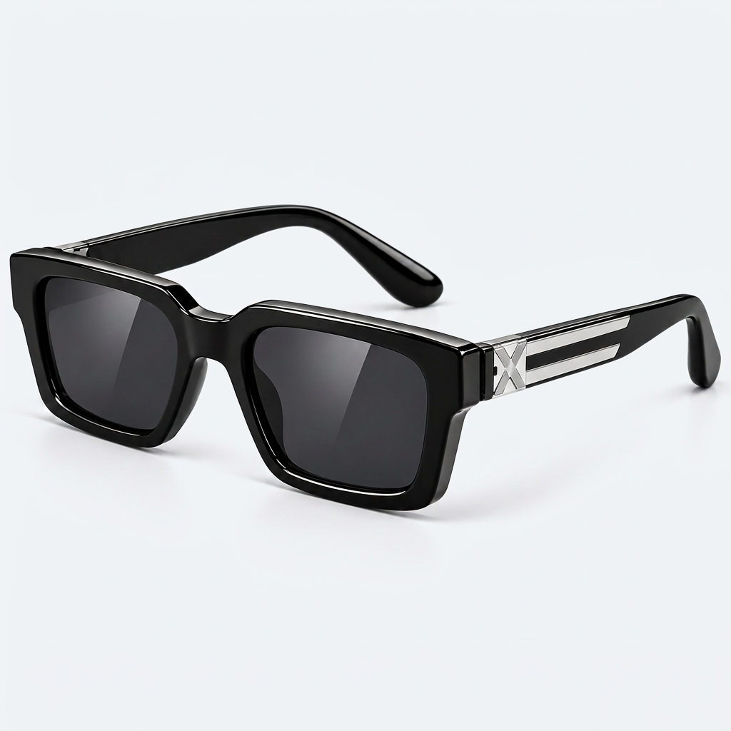 45° three-quarter view – black rectangular sunglasses with silver X hinge detail