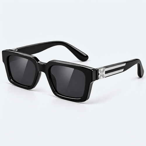 45° three-quarter view – black rectangular sunglasses with silver X hinge detail