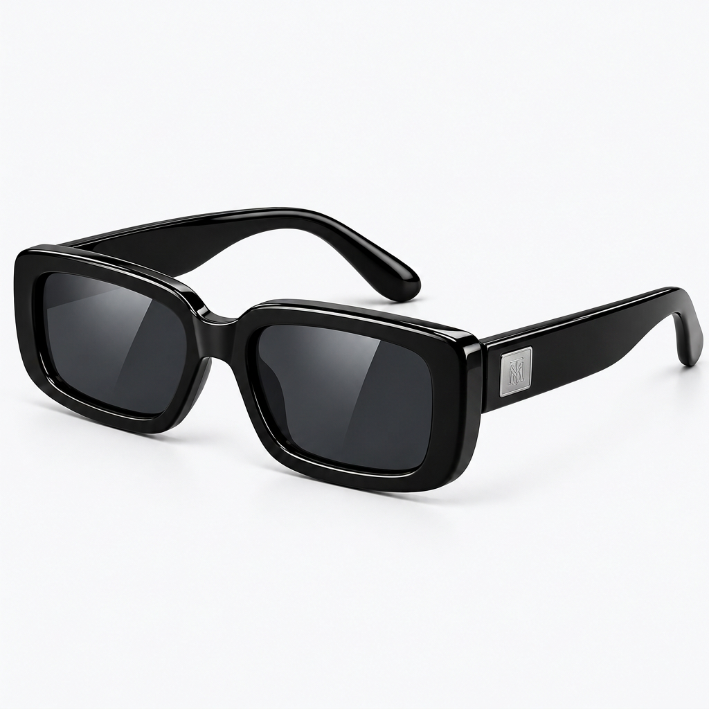 45° three-quarter view - glossy black rectangular sunglasses