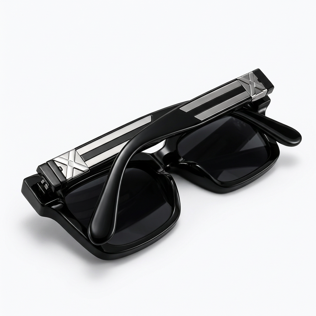 Close-up elevated view – black rectangular sunglasses with folded temples