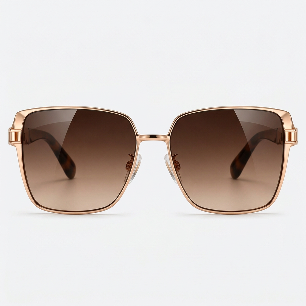 Front view - Rose gold oversized square sunglasses with gradient brown lenses