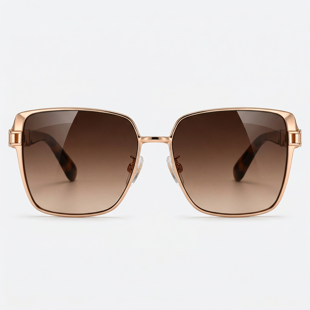 Front view - Rose gold oversized square sunglasses with gradient brown lenses