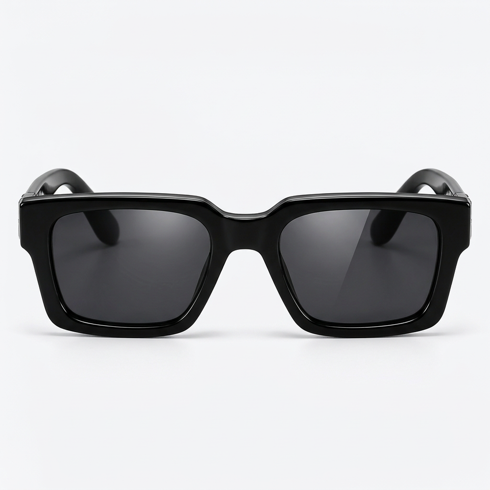 Front view – black rectangular sunglasses with silver X hinge detail