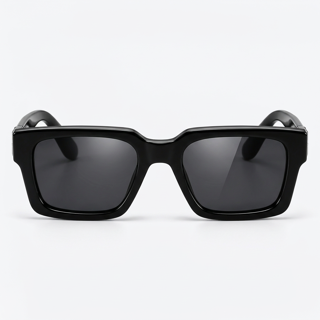 Front view – black rectangular sunglasses with silver X hinge detail