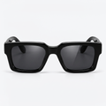 Front view – black rectangular sunglasses with silver X hinge detail
