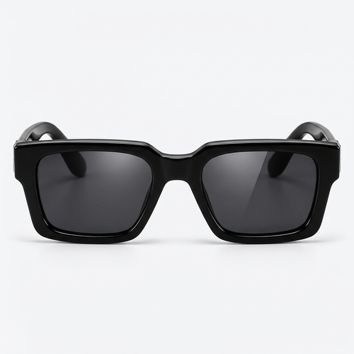Front view – black rectangular sunglasses with silver X hinge detail