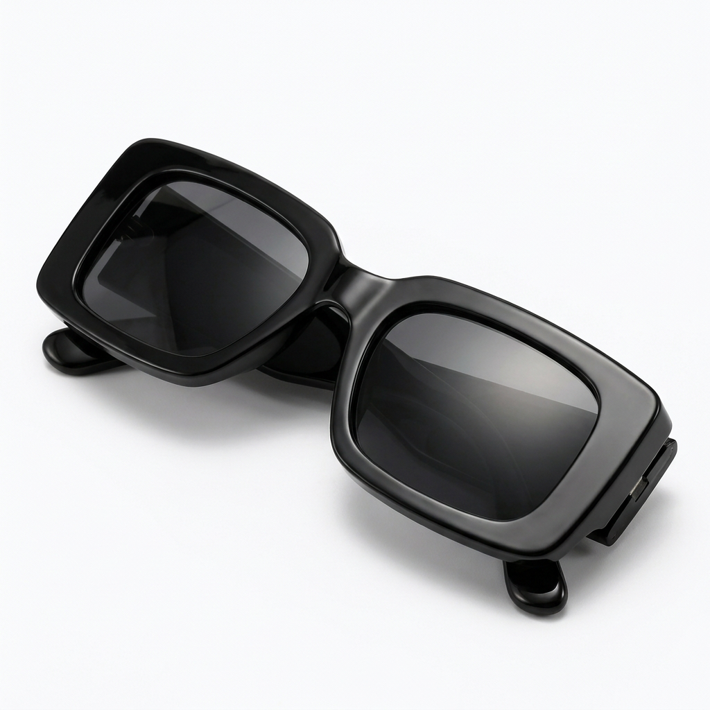 Noir Luxe Rectangle Sunglasses - Close-Up Elevated Three-Quarter