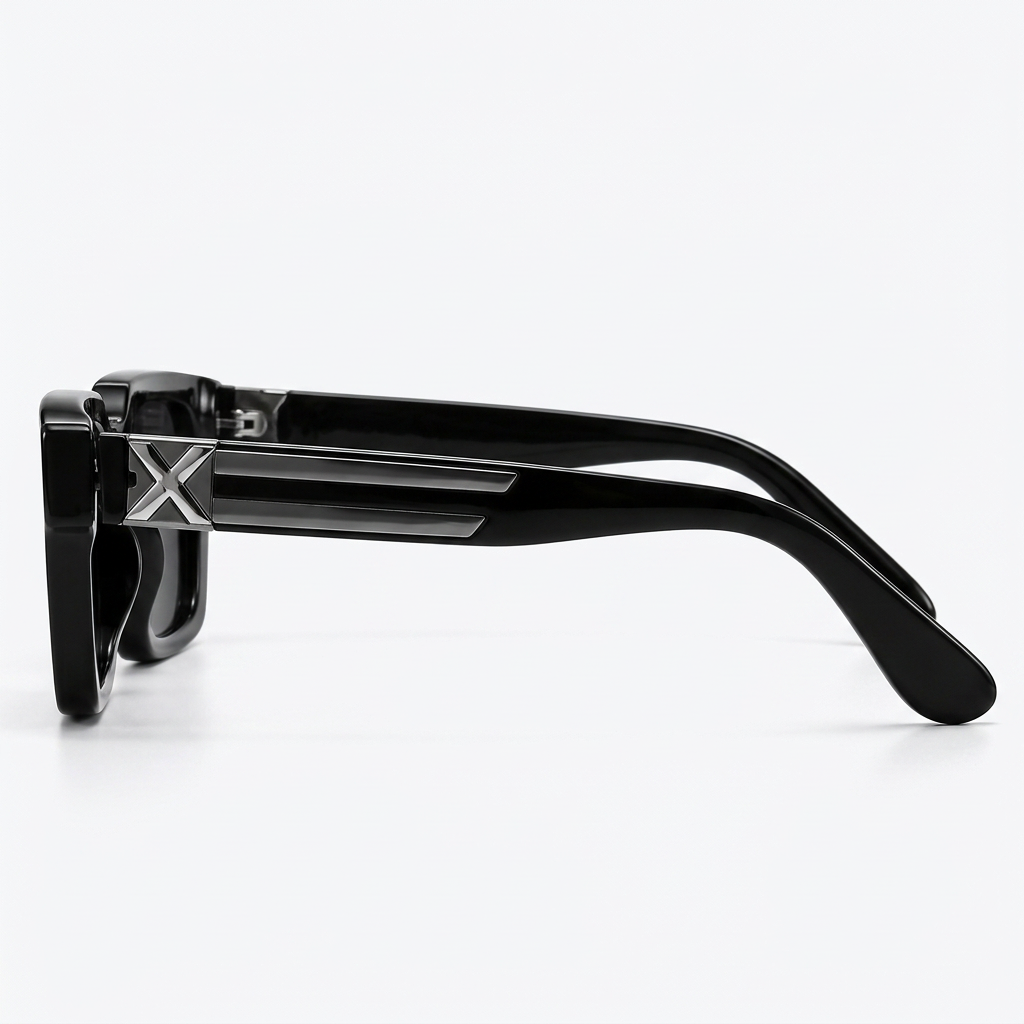 90° side profile – black rectangular sunglasses temple arm and hinge